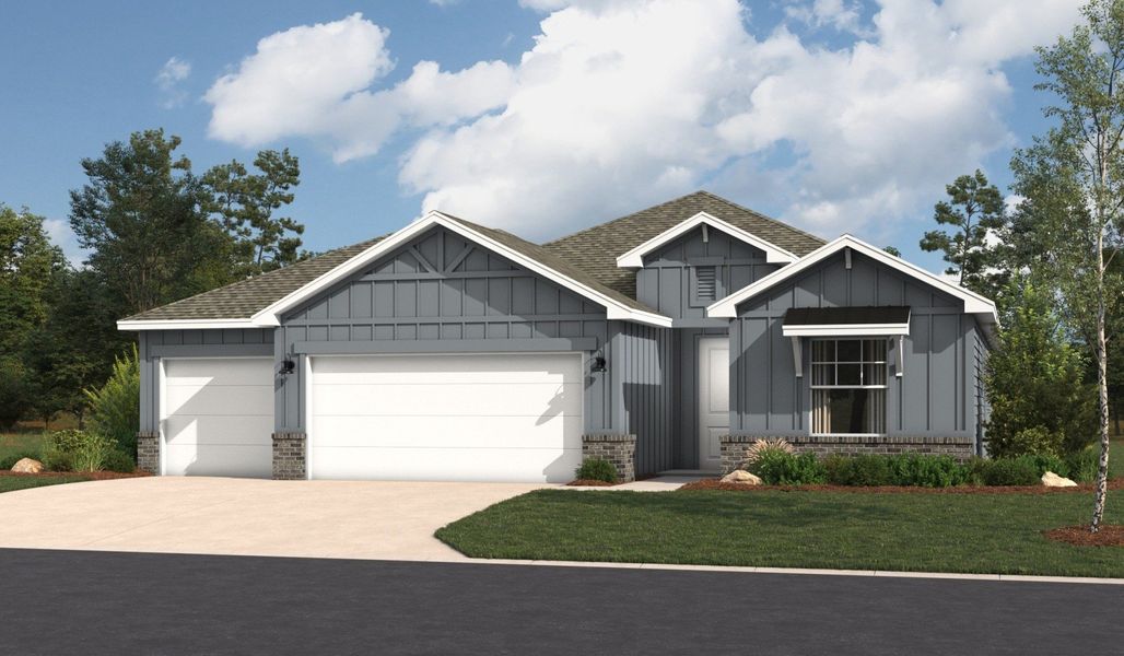 Representative exterior photo of a completed home built from the Valencia by Hakes Brothers in Hickory Ridge Estates, Elmendorf, TX (Image 1). Representative exterior photo of a completed home built from the Valencia by Hakes Brothers in Hickory Ridge Estates, Elmendorf, TX (Image 1).