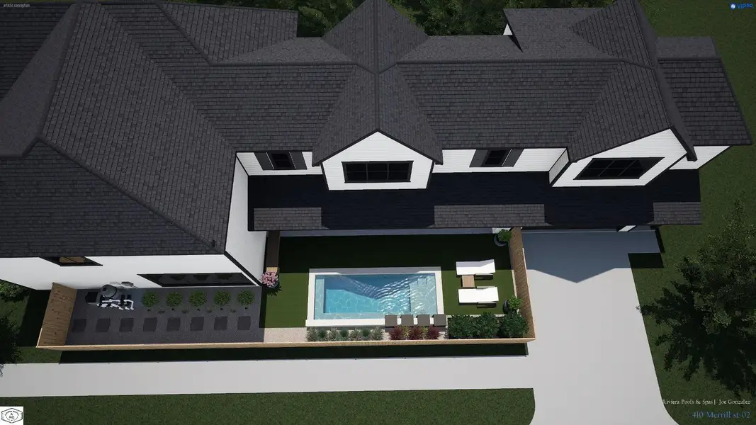 The rendering is conceptual and does not represent final construction plans or specifications. All dimensions, specifications, materials, finishes, equipment, utilities, landscaping, and other details are subject to change and must be confirmed, approved, and finalized by the pool contractor and applicable trade professionals prior to construction. Buyer should independently verify all proposed features, costs, and specifications.