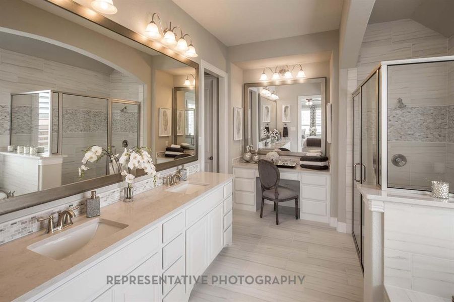 Full bathroom with a shower stall, double vanity, and light wood finished floors Full bathroom with a shower stall, double vanity, and light wood finished floors