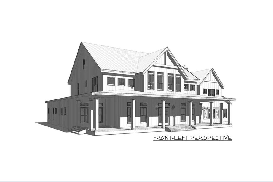 Classic modern farmhouse, featuring vertical siding, prominent gables, and an inviting wraparound porch with stately columns—blending timeless design with Southern charm.