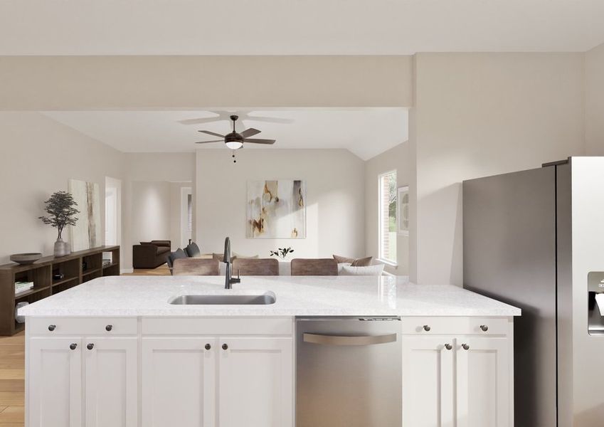 Modern kitchen view with white cabinets and a granite counter facing a cozy living room. Neutral tones, a ceiling fan, and natural light create an airy feel. Modern kitchen view with white cabinets and a granite counter facing a cozy living room. Neutral tones, a ceiling fan, and natural light create an airy feel.