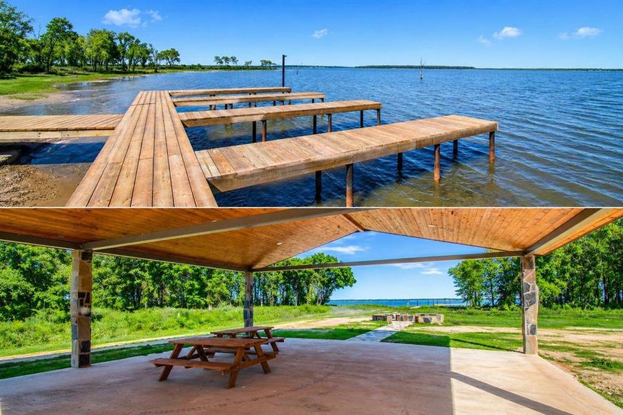 Community pavilion, firepit gathering area, and waterfront dock create additional places to enjoy Cedar Creek Lake.