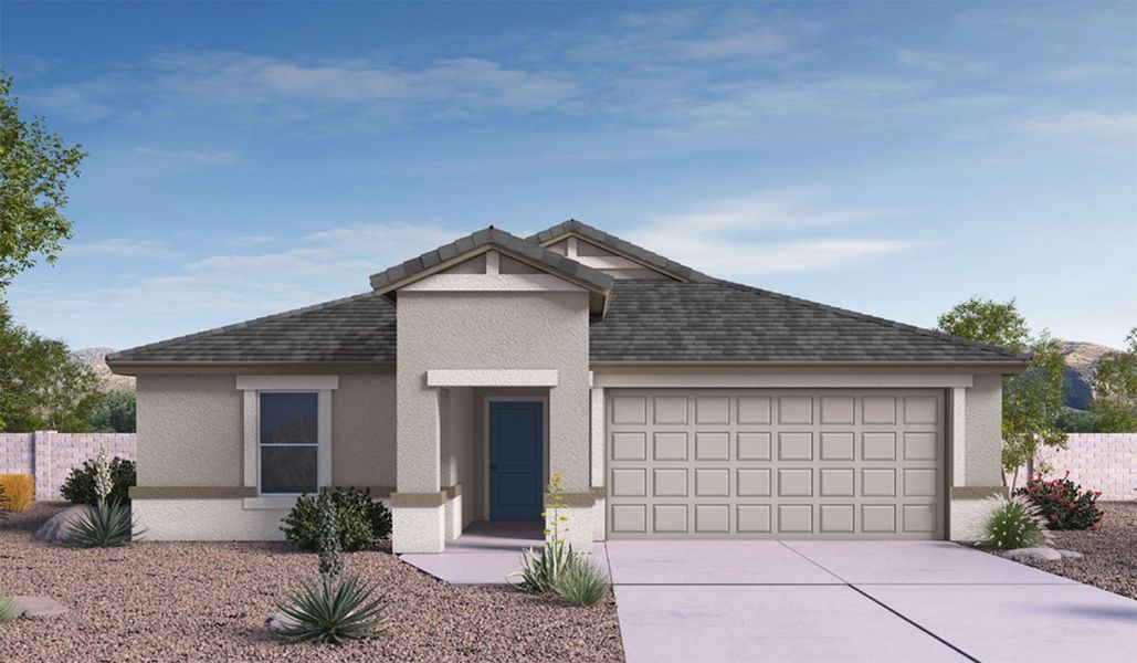 Front exterior of a new home in Hanson Ridge, Vail, AZ, highlighting curb appeal (Image 1).
