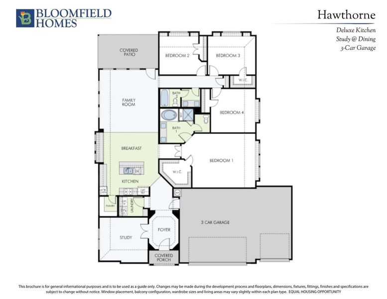 Bloomfield Homes Hawthorne floor plan with four bedrooms, kitchen, study, family room, and three-car garage.