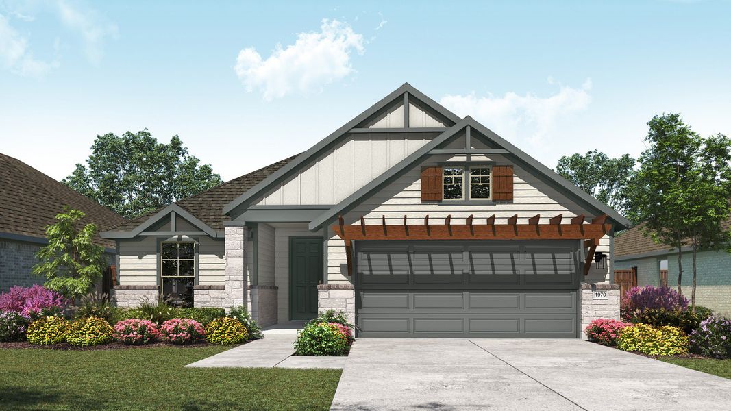 Representative exterior photo of a completed home built from the Palm by DRB Homes in Parkside on the River, Georgetown, TX (Image 5). Representative exterior photo of a completed home built from the Palm by DRB Homes in Parkside on the River, Georgetown, TX (Image 5).