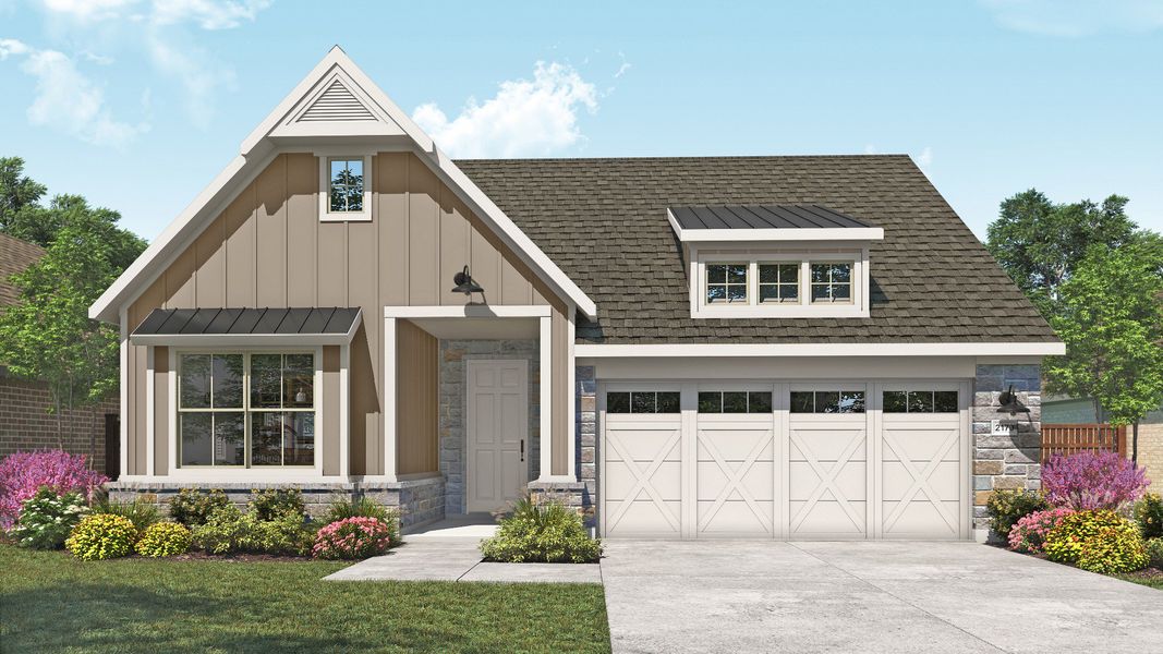 Representative exterior photo of a completed home built from the Juniper by DRB Homes in Devine Landing, Leander, TX (Image 6). Representative exterior photo of a completed home built from the Juniper by DRB Homes in Devine Landing, Leander, TX (Image 6).
