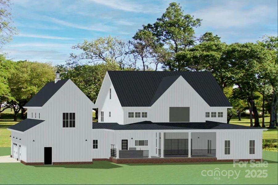 Rear view highlights its large covered porch, clean board-and-batten siding, a sleek black metal roof, and a three-car garage with a cupola-topped gable.
