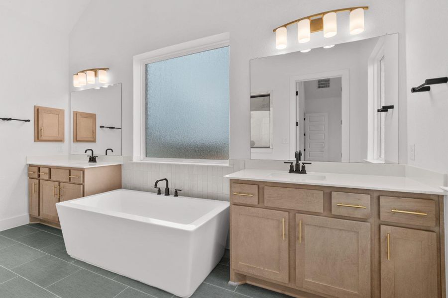 Primary Bath retreat with dual vanities & soaking tub