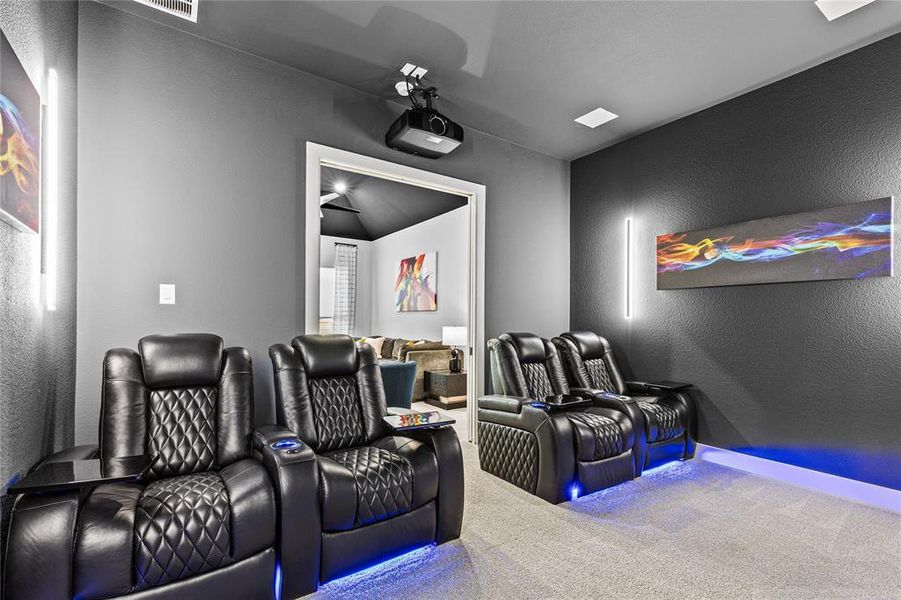 Carpeted cinema featuring a textured wall and vaulted ceiling