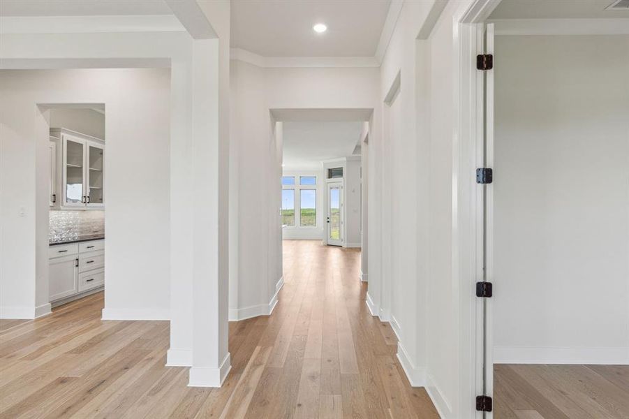 Hall featuring ornamental molding and light hardwood / wood-style floors