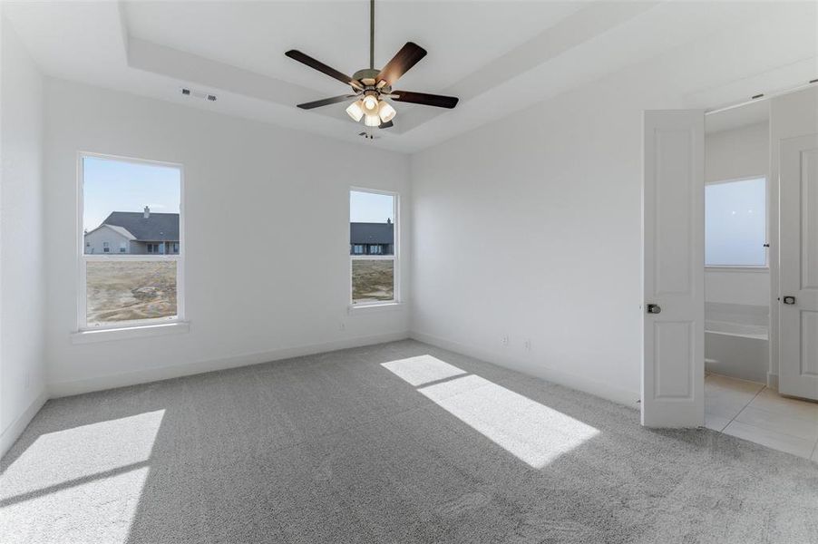 Unfurnished room with light carpet, a ceiling fan, and a tray ceiling