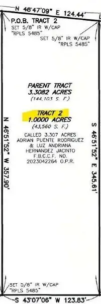 Survey showing Tract 2 (1.0000 acres), the only tract included in this listing. Property lines shown are approximate and for reference only. Survey showing Tract 2 (1.0000 acres), the only tract included in this listing. Property lines shown are approximate and for reference only.
