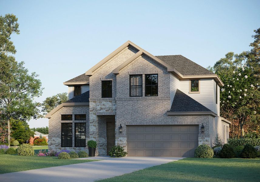 View of front of home with a front yard, driveway, brick siding, and a garage