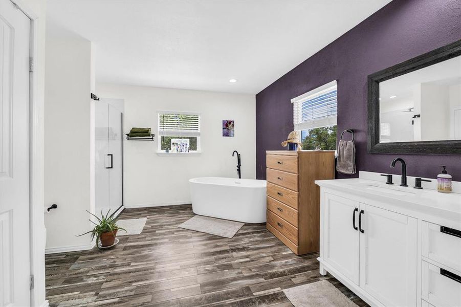 Primary bathroom featuring vanity, a shower stall, a freestanding bath, and dark wood finished floors