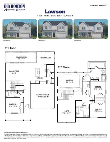 2D floor plan layout for the LAWSON by D.R. Horton in Eagle Creek, Fuquay Varina, NC (Image 3).