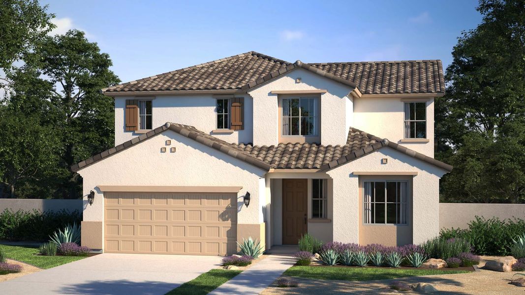 Representative exterior photo of a completed home built from the Citrus by Landsea Homes in El Cidro, Goodyear, AZ (Image 8). Representative exterior photo of a completed home built from the Citrus by Landsea Homes in El Cidro, Goodyear, AZ (Image 8).