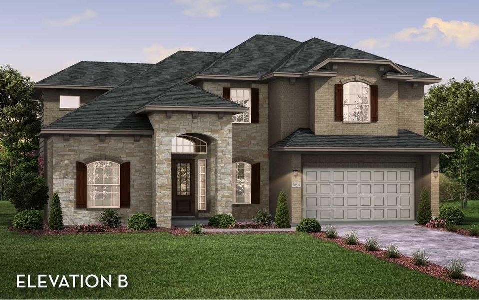 Front exterior of a new home in Sunfield, Buda, TX, highlighting curb appeal (Image 1). Front exterior of a new home in Sunfield, Buda, TX, highlighting curb appeal (Image 1).