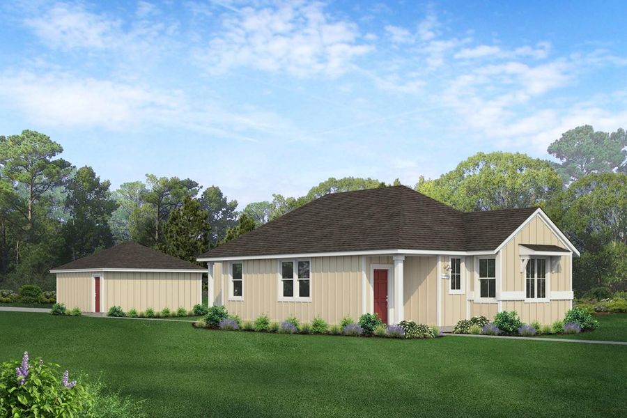 Rendering of one story yellow home with red door and detached garage with sky and landscaping Rendering of one story yellow home with red door and detached garage with sky and landscaping