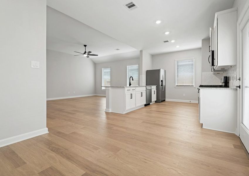 The kitchen overlooks the family room
