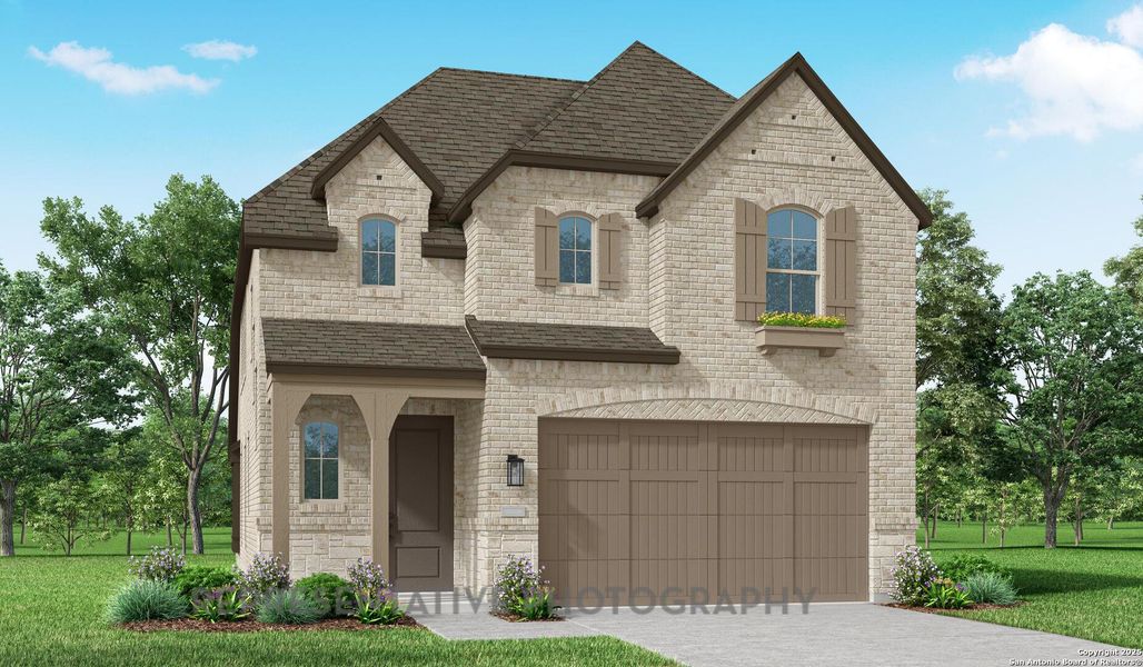 Front exterior of a new home in Davis Ranch: 45ft. lots, San Antonio, TX, highlighting curb appeal (Image 1).