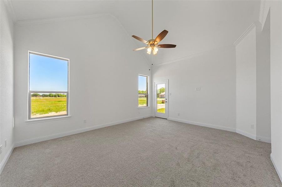 Empty room featuring light carpet, a ceiling fan, high vaulted ceiling, baseboards, and crown molding