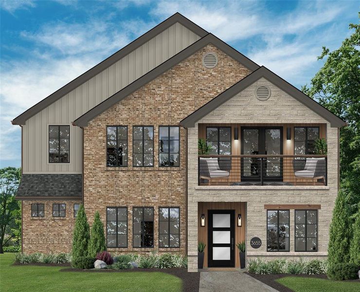 View of front facade featuring a balcony, roof with shingles, board and batten siding, and brick siding