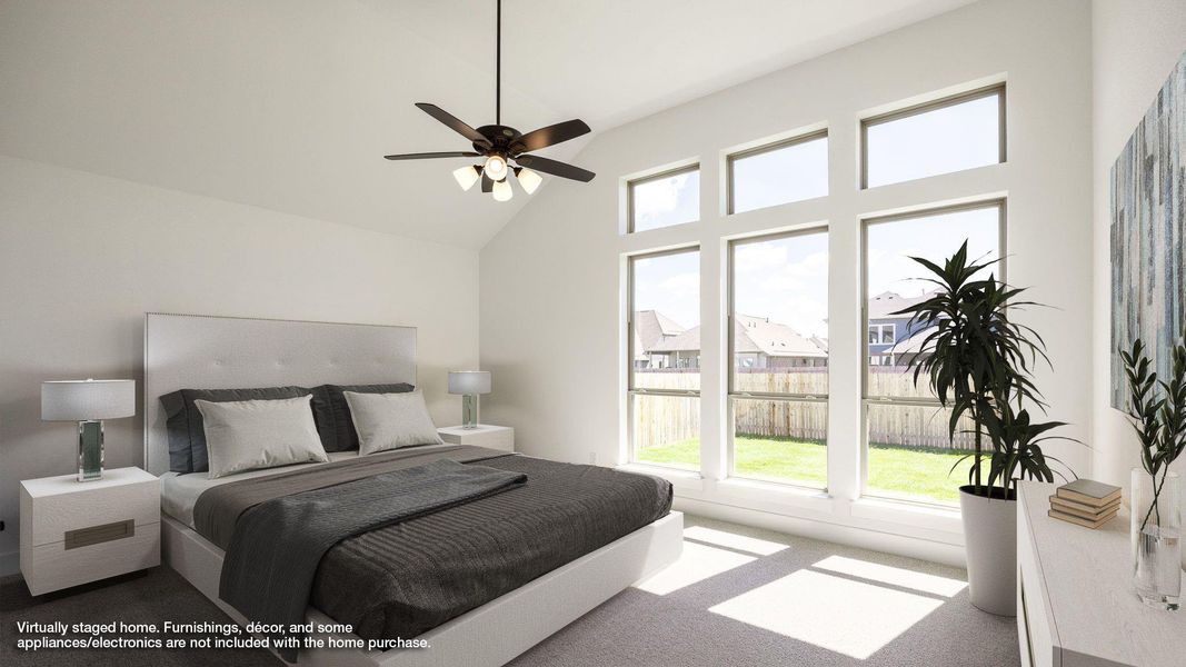 Bedroom with carpet, high vaulted ceiling, and a residential view