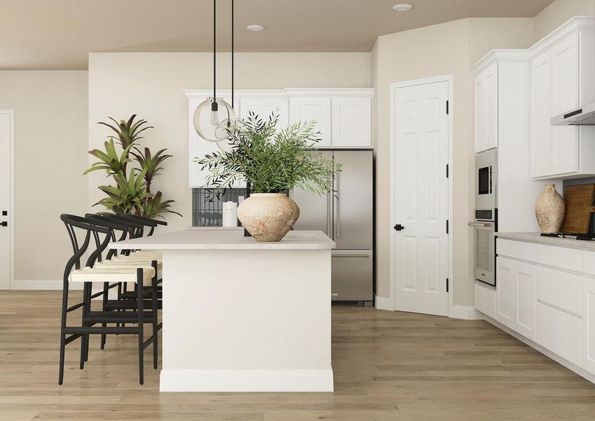 Rendering of the kitchen with wood-look
  luxury vinyl plank flooring, white cabinetry, stainless steel appliances with
  a vent hood and a large island.