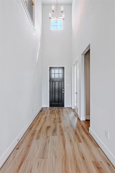 A tall view of the entryway emphasizes the two-story ceiling and showcases a chandelier suspended above. The design maximizes vertical space for a grand, open feel the moment you walk in.