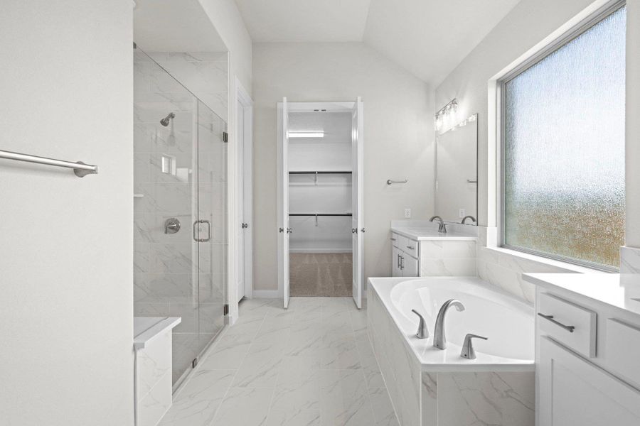 Primary Bath retreat with dual vanities, garden tub & walk-in shower