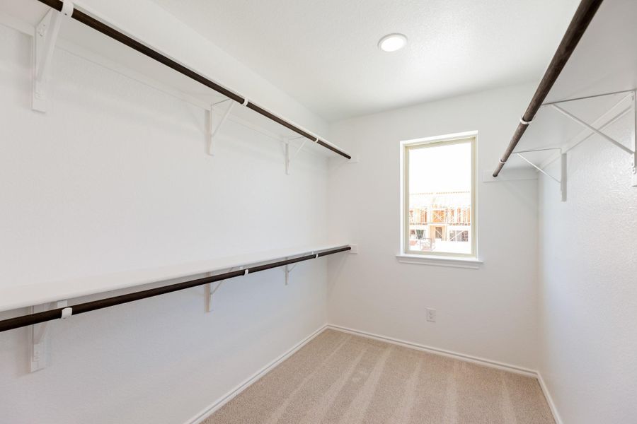Walk in closet featuring light carpet