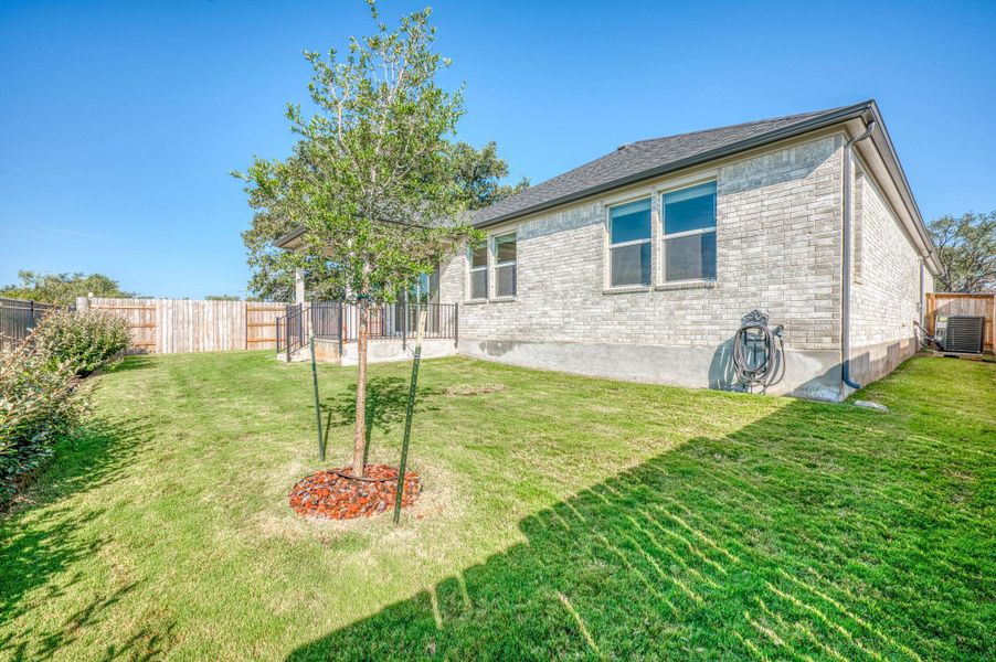 A spacious grassy yard sits behind this light brick single-story home.
