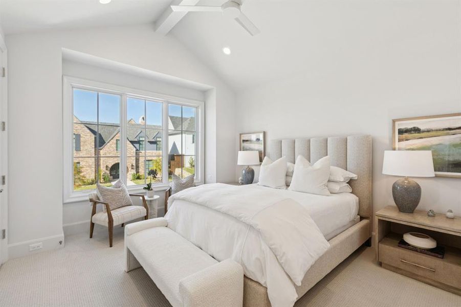 Bedroom featuring light colored carpet, a ceiling fan, and recessed lighting Bedroom featuring light colored carpet, a ceiling fan, and recessed lighting