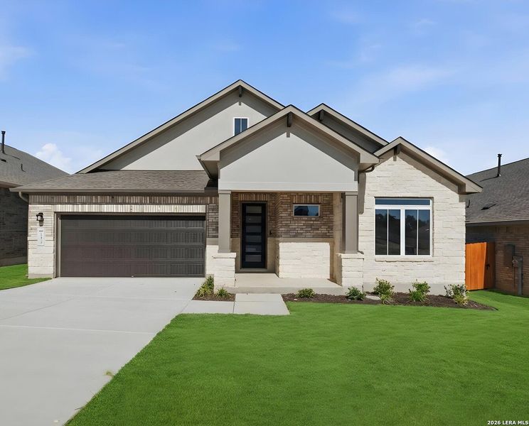 Front exterior of a new home in Meyer Ranch, New Braunfels, TX, highlighting curb appeal (Image 1). Front exterior of a new home in Meyer Ranch, New Braunfels, TX, highlighting curb appeal (Image 1).