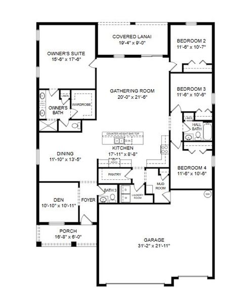 2D floor plan layout for the Summerlyn II by Highland Homes of Florida in Estates at Hickory Cove - Single-Family Homes, St. Cloud, FL (Image 4). 2D floor plan layout for the Summerlyn II by Highland Homes of Florida in Estates at Hickory Cove - Single-Family Homes, St. Cloud, FL (Image 4).