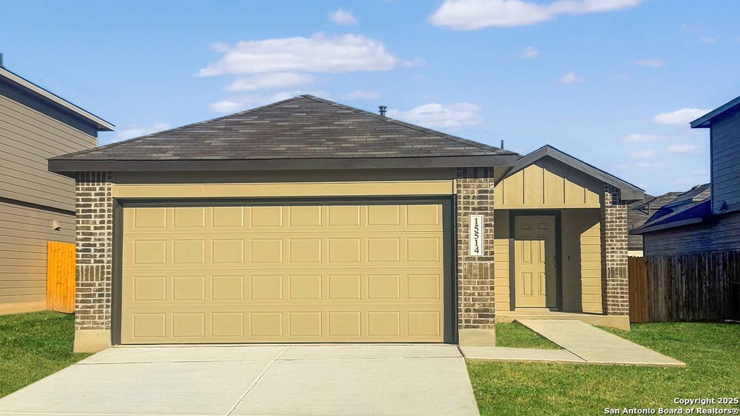 Front exterior of a new home in Preserve at Medina, Von Ormy, TX, highlighting curb appeal (Image 1). Front exterior of a new home in Preserve at Medina, Von Ormy, TX, highlighting curb appeal (Image 1).