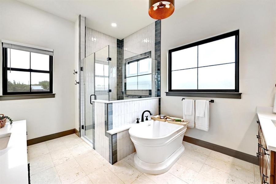 Bathroom featuring vanity, a freestanding tub, a shower stall, and healthy amount of natural light