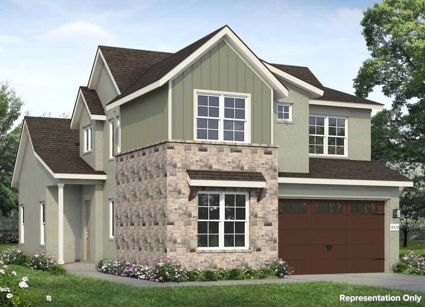 Front exterior of a new home in Cross Creek, Cedar Park, TX, highlighting curb appeal (Image 1).