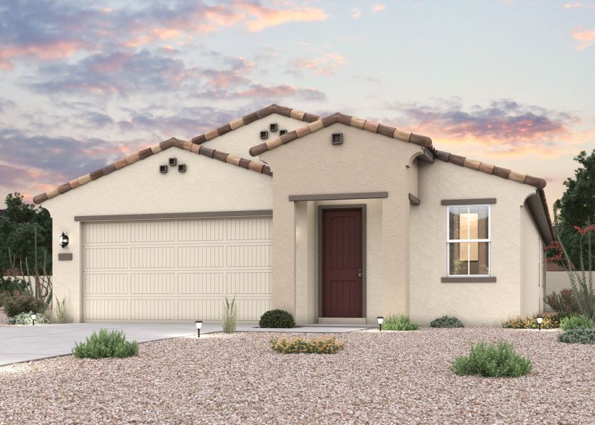 Twilight rendering of a new home for sale in Buckeye, AZ with 2 car garage at Montana Vista by Century Communities. Twilight rendering of a new home for sale in Buckeye, AZ with 2 car garage at Montana Vista by Century Communities.