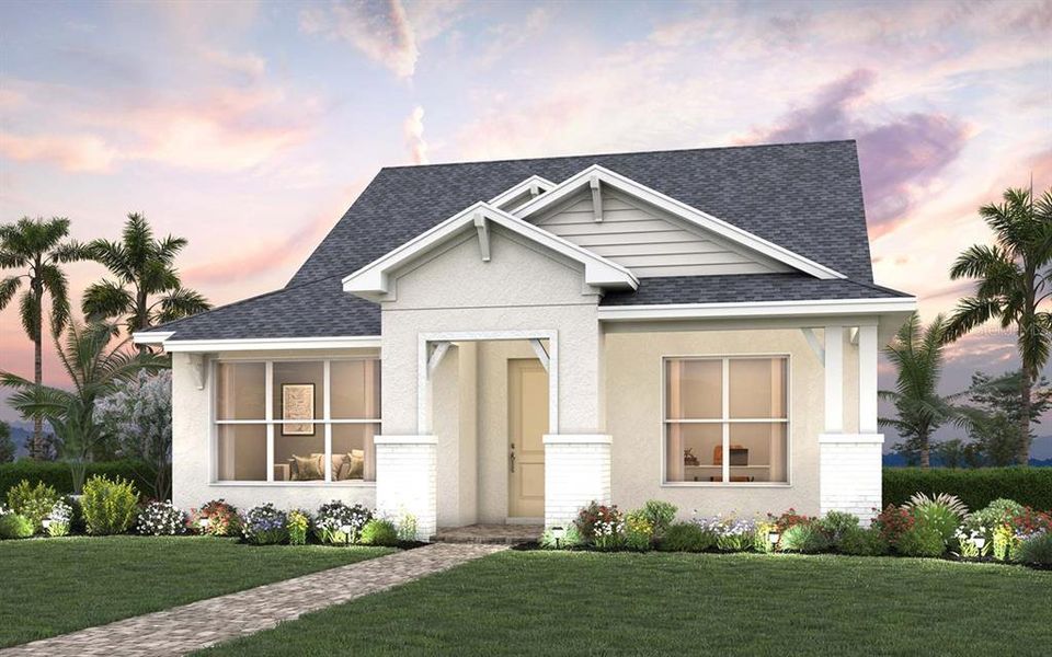 Front exterior of a new home in SeaFlower – Bungalow Homes, Bradenton, FL, highlighting curb appeal (Image 1).