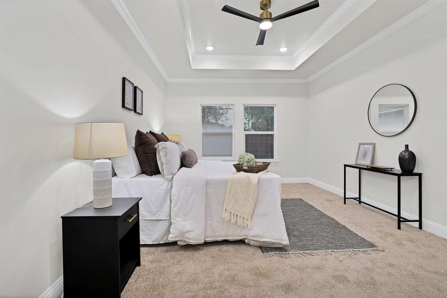 Bedroom with a raised ceiling, ceiling fan, carpet, and ornamental molding