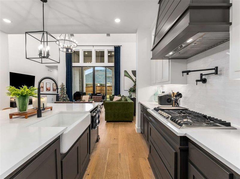 Here you can see the farmhouse sink and gas cooktop with a pot filler