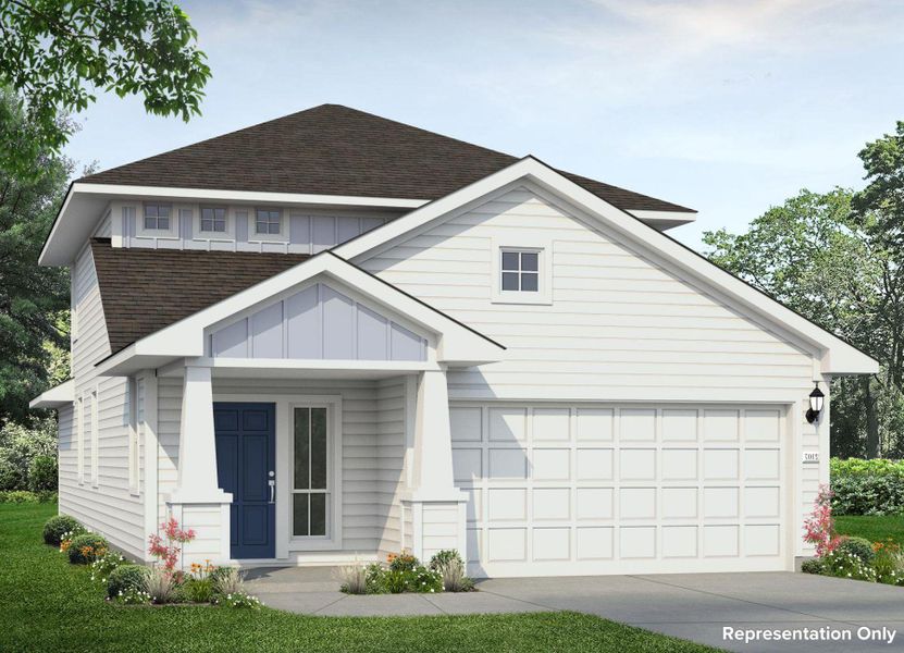 Front exterior of a new home in Harvest Ridge, Elgin, TX, highlighting curb appeal (Image 1). Front exterior of a new home in Harvest Ridge, Elgin, TX, highlighting curb appeal (Image 1).