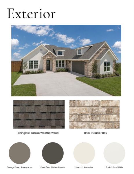 Exterior design inspiration and planned finish selections featuring brick, stucco, coordinated colors, and traditional farmhouse character. Final selections may vary.