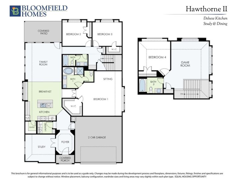 Bloomfield Homes Hawthorne II floor plan with four bedrooms, game room, kitchen, study, and two-car garage on two levels. Bloomfield Homes Hawthorne II floor plan with four bedrooms, game room, kitchen, study, and two-car garage on two levels.