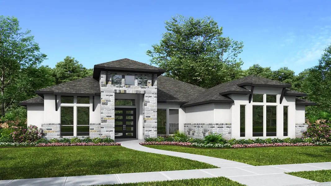 Representative exterior photo of a completed home built from the 3850A by Perry Homes in The Preserve At Elm Creek 1 Acre, New Braunfels, TX (Image 2). Representative exterior photo of a completed home built from the 3850A by Perry Homes in The Preserve At Elm Creek 1 Acre, New Braunfels, TX (Image 2).