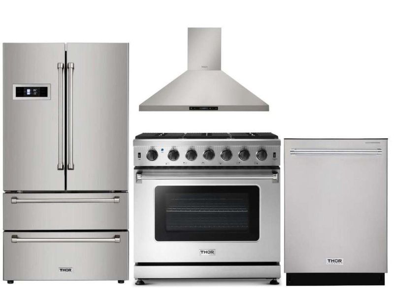 Kitchen Appliance Package includes Refrigerator, 36 in Range, Range Vent Hood, Dishwasher and Microwave Drawer