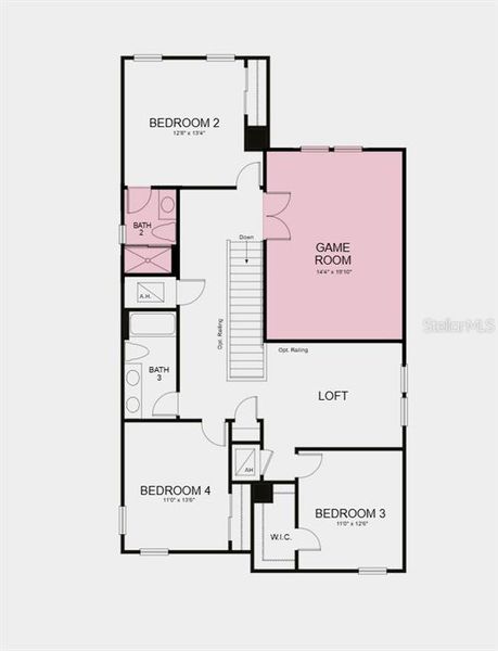 Second Floor Plan - Structural options added include: gourmet kitchen, alternate study layout, game room, pocket sliding glass doors, shower at bath 2, tray ceiling package, 8' interior doors, and pre-plumb for future sink at laundry