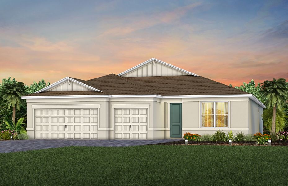 Front exterior of a new home in Sunrise Estates, West Melbourne, FL, highlighting curb appeal (Image 10).