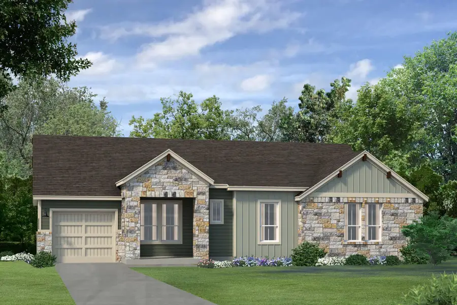 Craftsman-style home with a front yard, stone siding, board and batten siding, driveway, and roof with shingles